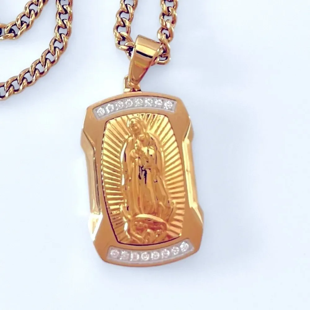 Our Lady Of Guadalupe White Diamond Stainless Steel Dog Tag Pendant Necklace